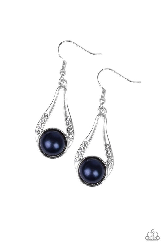 A pearly blue bead is nestled along the bottom of an elegant silver frame radiating with glassy white rhinestones for a timeless look. Earring attaches to a standard fishhook fitting.  Sold as one pair of earrings.