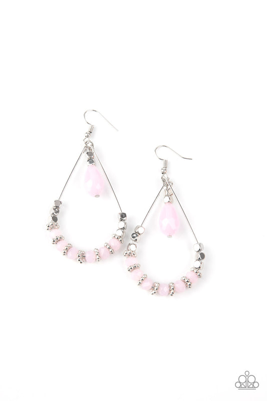 A dainty collection of studded silver rings, dewy pink crystal-like beads, and shimmery silver cube beads are threaded along the bottom of a dainty wire teardrop. A matching silver cube beaded teardrop swings from the top of the airy frame for a whimsical finish. Earring attaches to a standard fishhook fitting.  Sold as one pair of earrings.