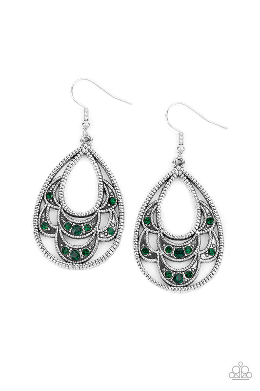 Dotted in dainty green rhinestones, studded silver petals layer into an ornate silver teardrop for a whimsical look. Earring attaches to a standard fishhook fitting.  Sold as one pair of earrings.