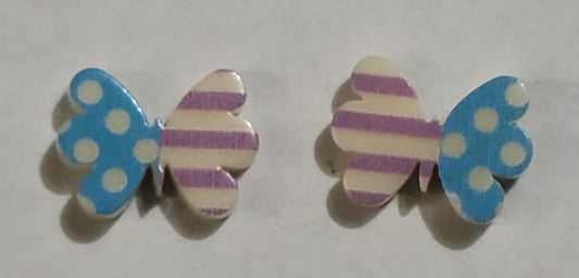 Colorful earrings in assorted colors and shapes. Featuring one striped and one polka dotted wing, the colorful butterfly frames vary in shades of purple and blue. Earrings attach to standard post fittings.  Sold as one pair of post earrings.