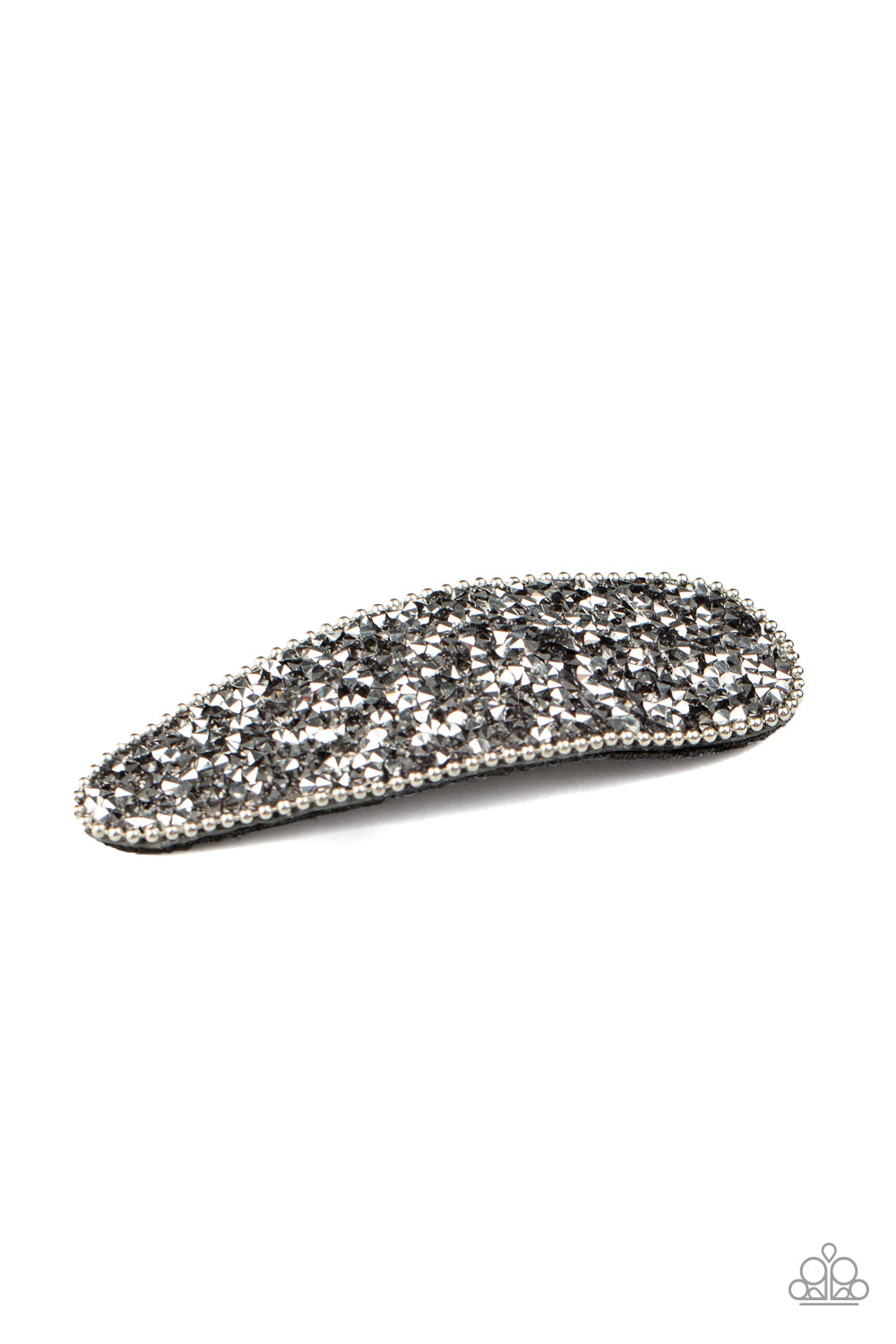 Bordered in shiny silver ball chain, a glittery collision of hematite rhinestones are encrusted across the front of a sparkly frame for a glamorous finish. Features a standard hair clip.  Sold as one individual hair clip.