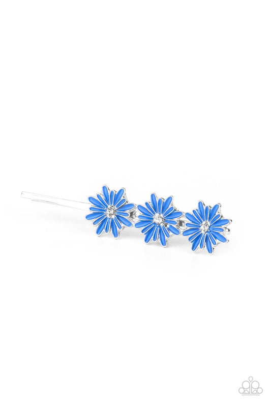 Dotted with dainty white rhinestone centers, a trio of French Blue flowers adorn the front of a classic silver bobby pin for a summery look.  Sold as one individual decorative bobby pin.