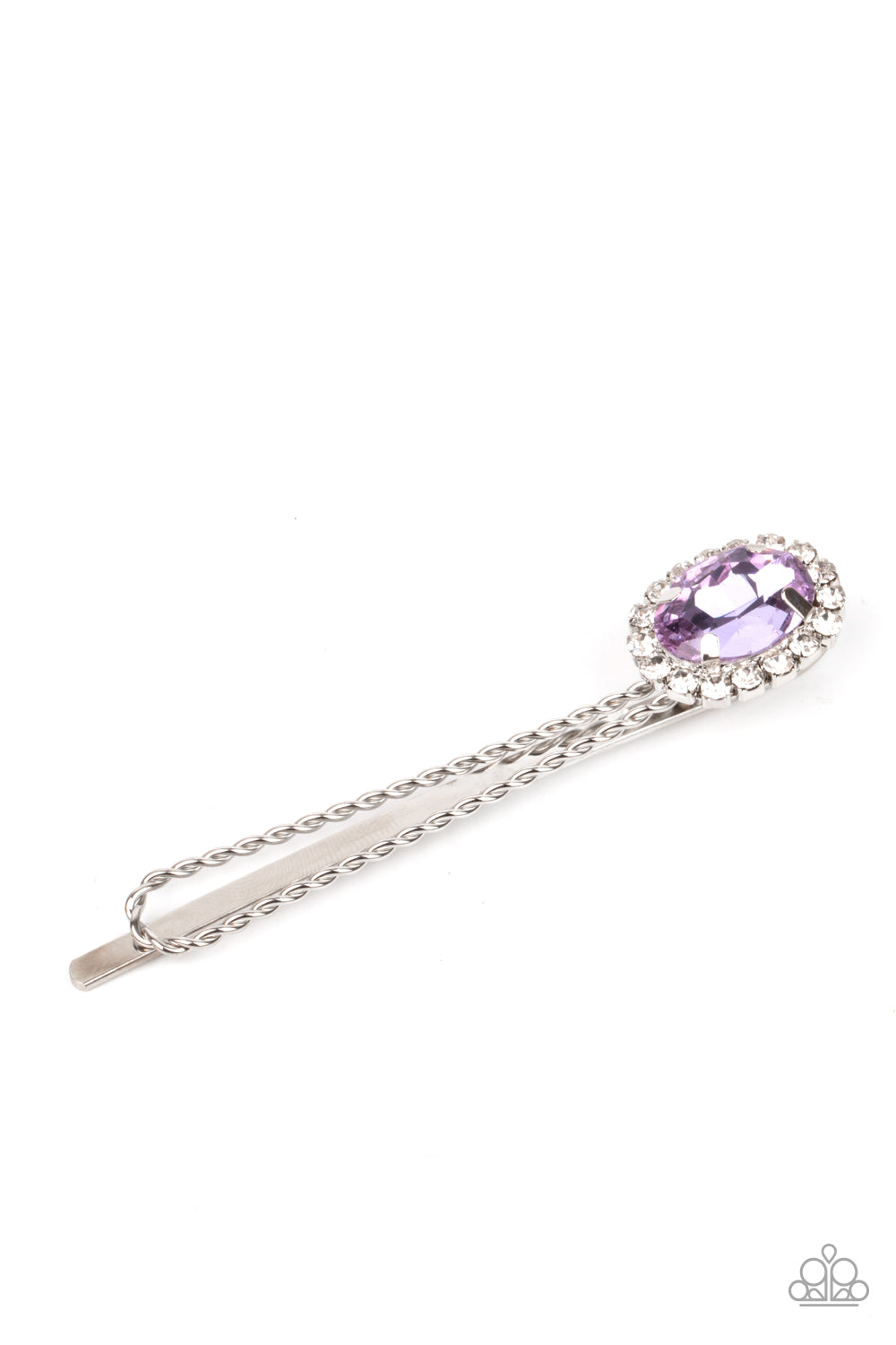 Bordered in a ring of glassy white rhinestones, an oval purple gem adorns the corner of a textured silver bobby pin for a glamorous finish.  Sold as one individual decorative bobby pin.