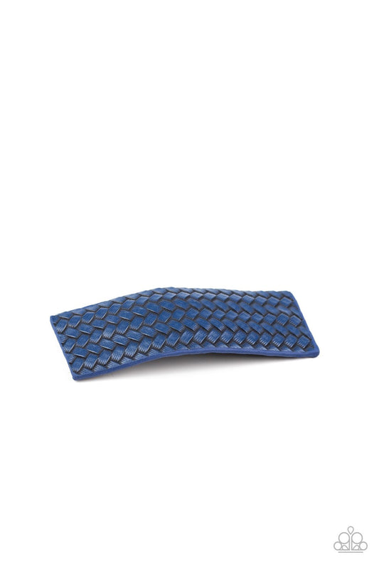 Featuring a wicker-like pattern, a blue leather hair clip pins back the hair for a casual look. Features a standard snap hair clip on the back.  Sold as one individual hair clip.
