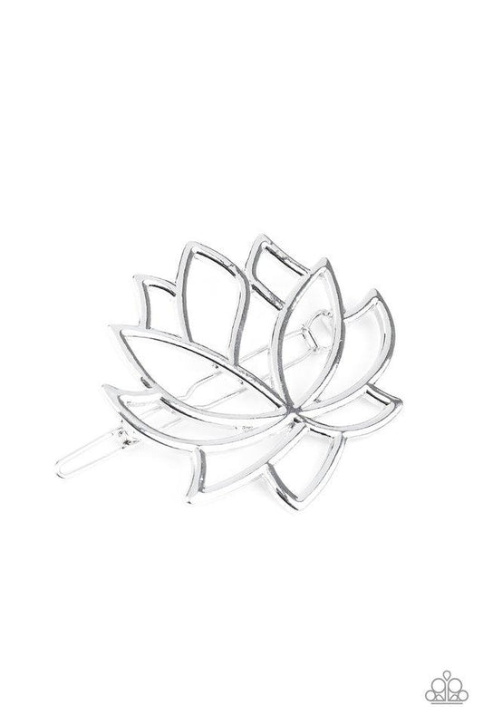 An airy silver lotus blooms into a whimsical floral display. Features a clamp barrette closure.  Sold as one individual hair clip.