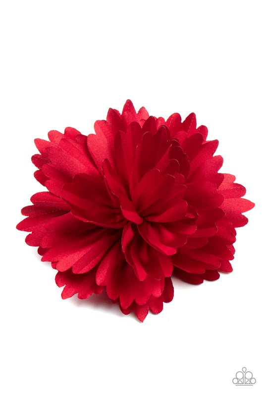 Layers of scalloped red petals gather into an elegant satin blossom, creating a timeless display. Features a standard hair clip on the back.  Sold as one individual hair clip.