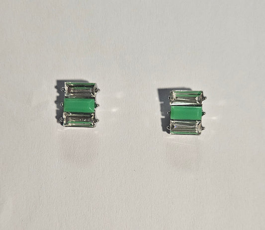 Kids' rectangle earrings with green rectangle bead in center and clear rectangle beads on each side