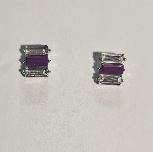 Kids' rectangle earrings with purple rectangle bead in center and clear rectangle beads on each side