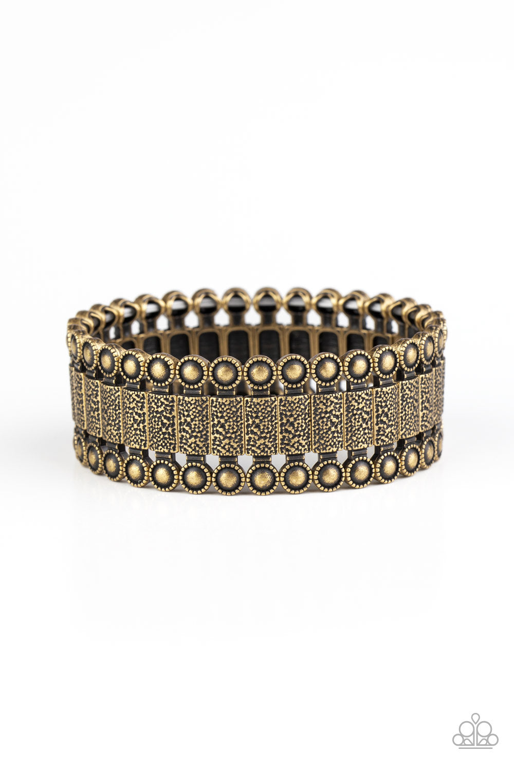 Featuring studded and hammered pieces, decorative rectangular-shaped brass frames are threaded along stretchy bands around the wrist for an authentic look.  Sold as one individual bracelet.