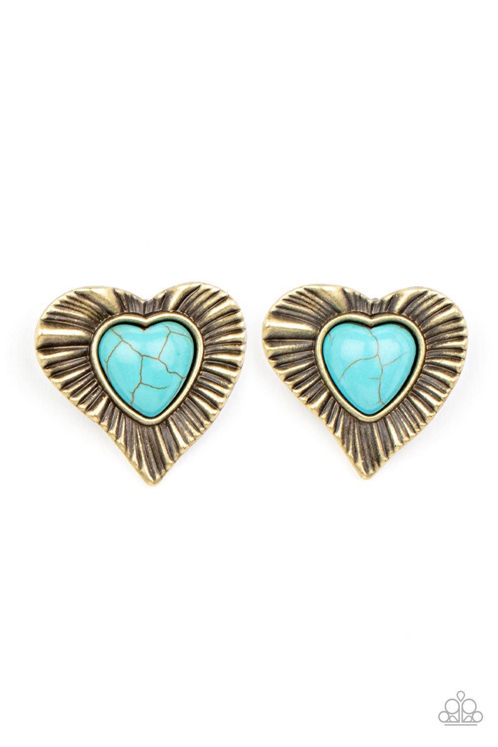 Etched in rustic texture, an antiqued brass frame gathers around a heart shaped turquoise stone center, creating a romantic display. Earring attaches to a standard post fitting.  Sold as one pair of post earrings.