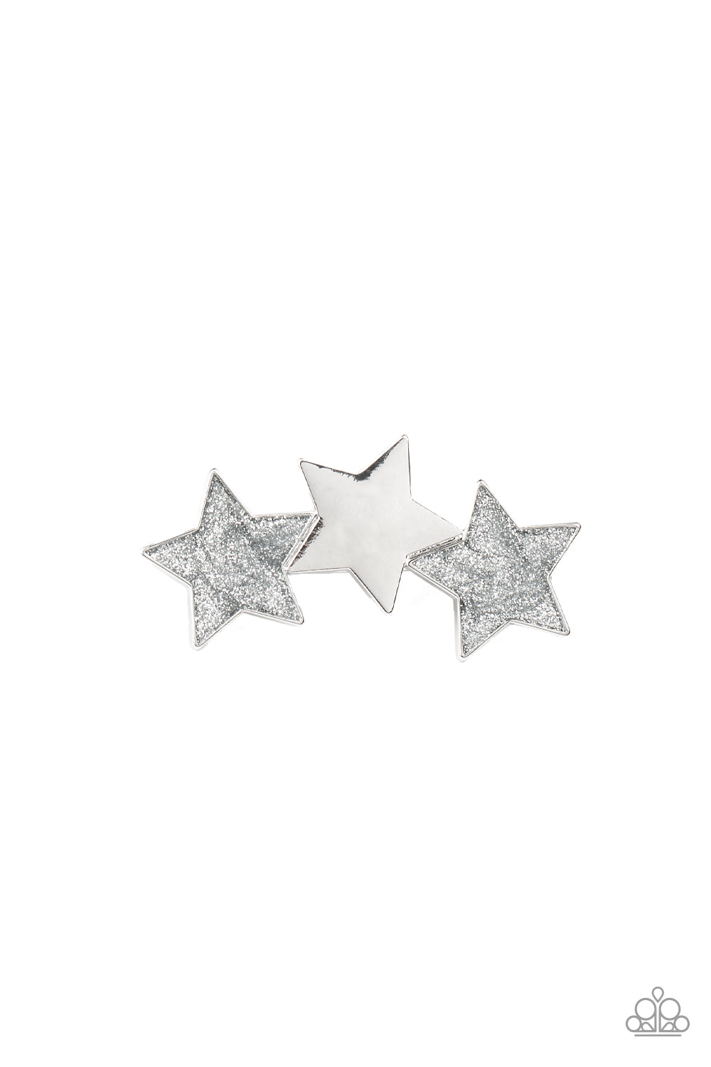 Painted in glittery silver sparkles, a sparkly pair of stars flanks a shiny silver star, coalescing into a stellar centerpiece. Features a standard hair clip.  Sold as one individual hair clip.