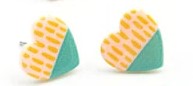 Kids' heart shaped earrings with teal on one half and peach with darker peach stripes on the other half