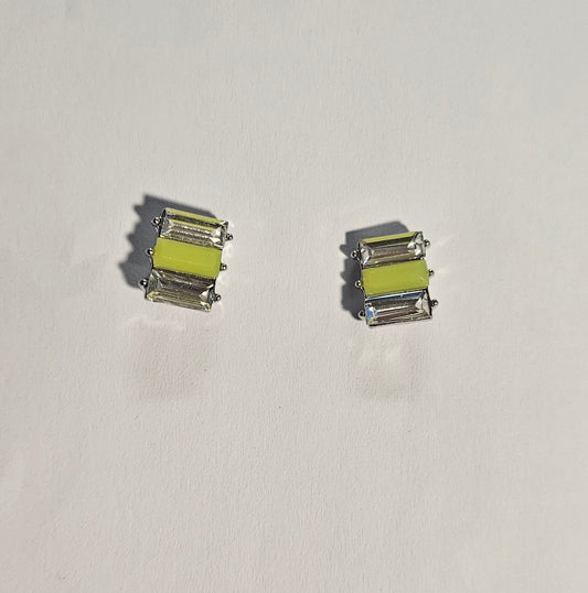 Kids' rectangle earrings with yellow rectangle bead in center and clear rectangle beads on each side