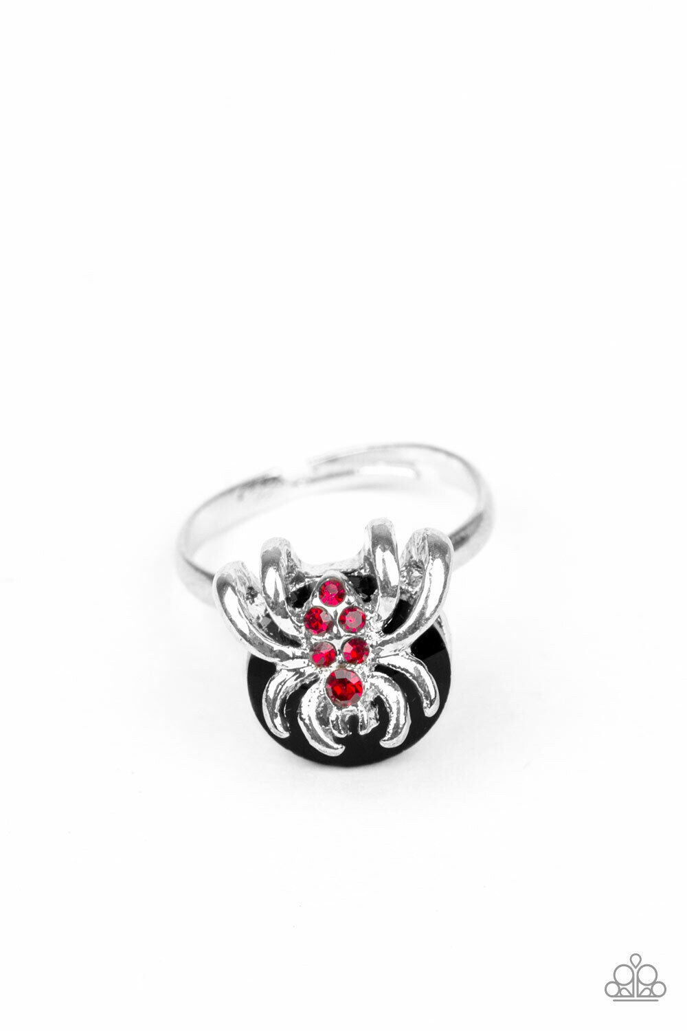 Kid's black spider ring with red rhinestones down front