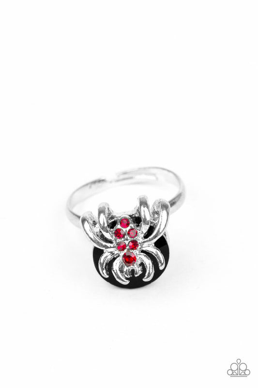 Kid's black spider ring with red rhinestones down front