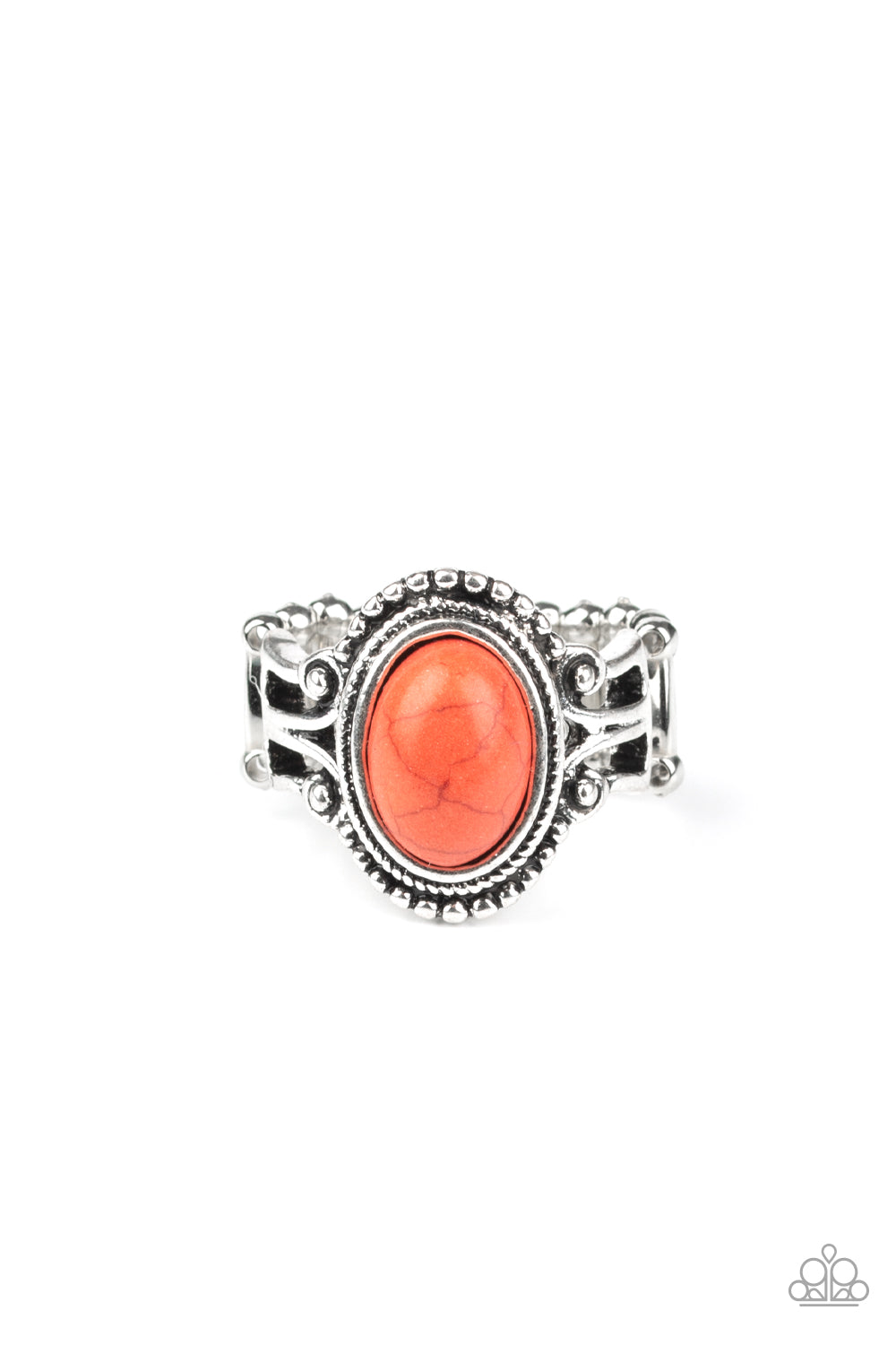 A vivacious orange stone is pressed into the center of a silver band radiating with silver studs for a seasonal look. Features a stretchy band for a flexible fit.  Sold as one individual ring.