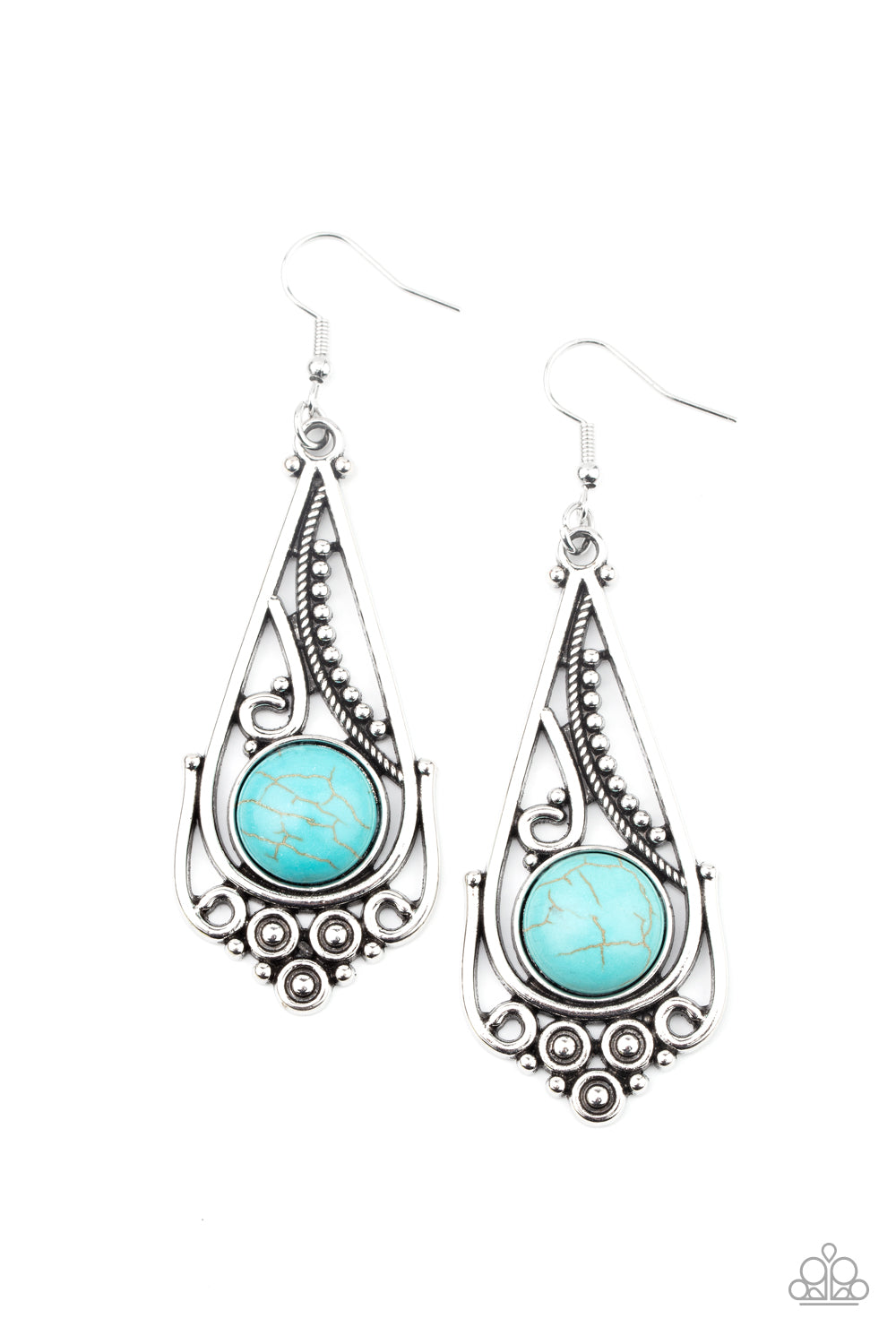 A round turquoise stone is pressed into the bottom of a decorative silver teardrop featuring studded and filigree textures. Earring attaches to a standard fishhook fitting.

Sold as one pair of earrings.