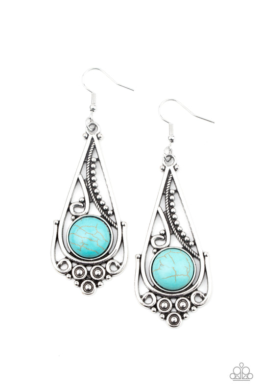 A round turquoise stone is pressed into the bottom of a decorative silver teardrop featuring studded and filigree textures. Earring attaches to a standard fishhook fitting.

Sold as one pair of earrings.