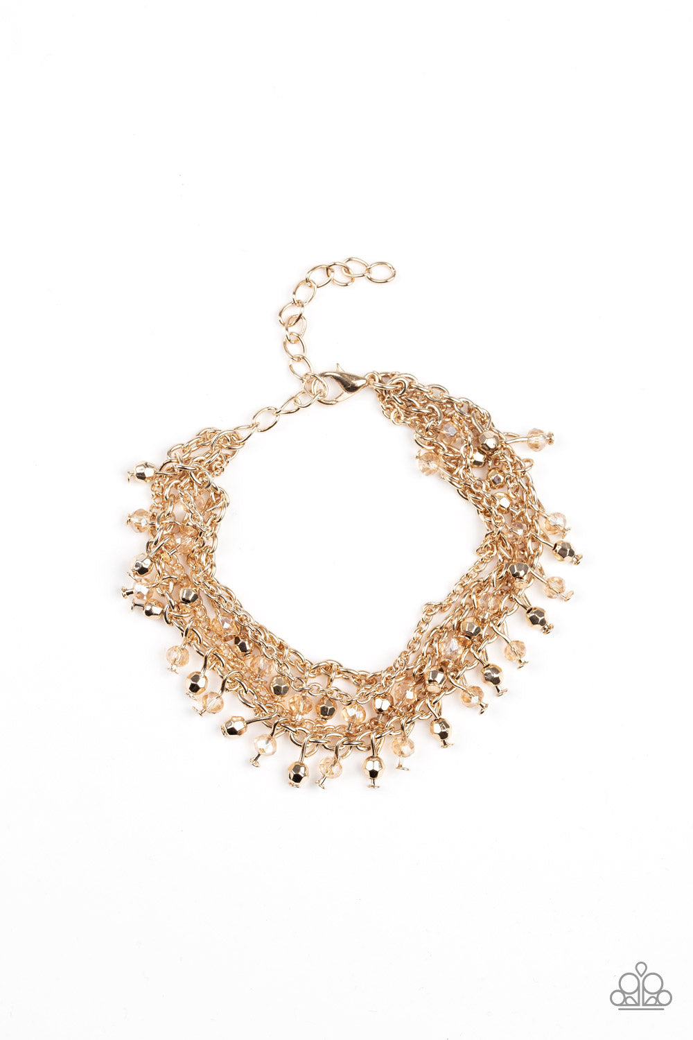 Dainty gold and crystal-like beads cascade from two shimmery gold chains. Infused with plain gold chains, the colorful strands layer around the wrist for a flirtatious look. Features an adjustable clasp closure.

Sold as one individual bracelet.