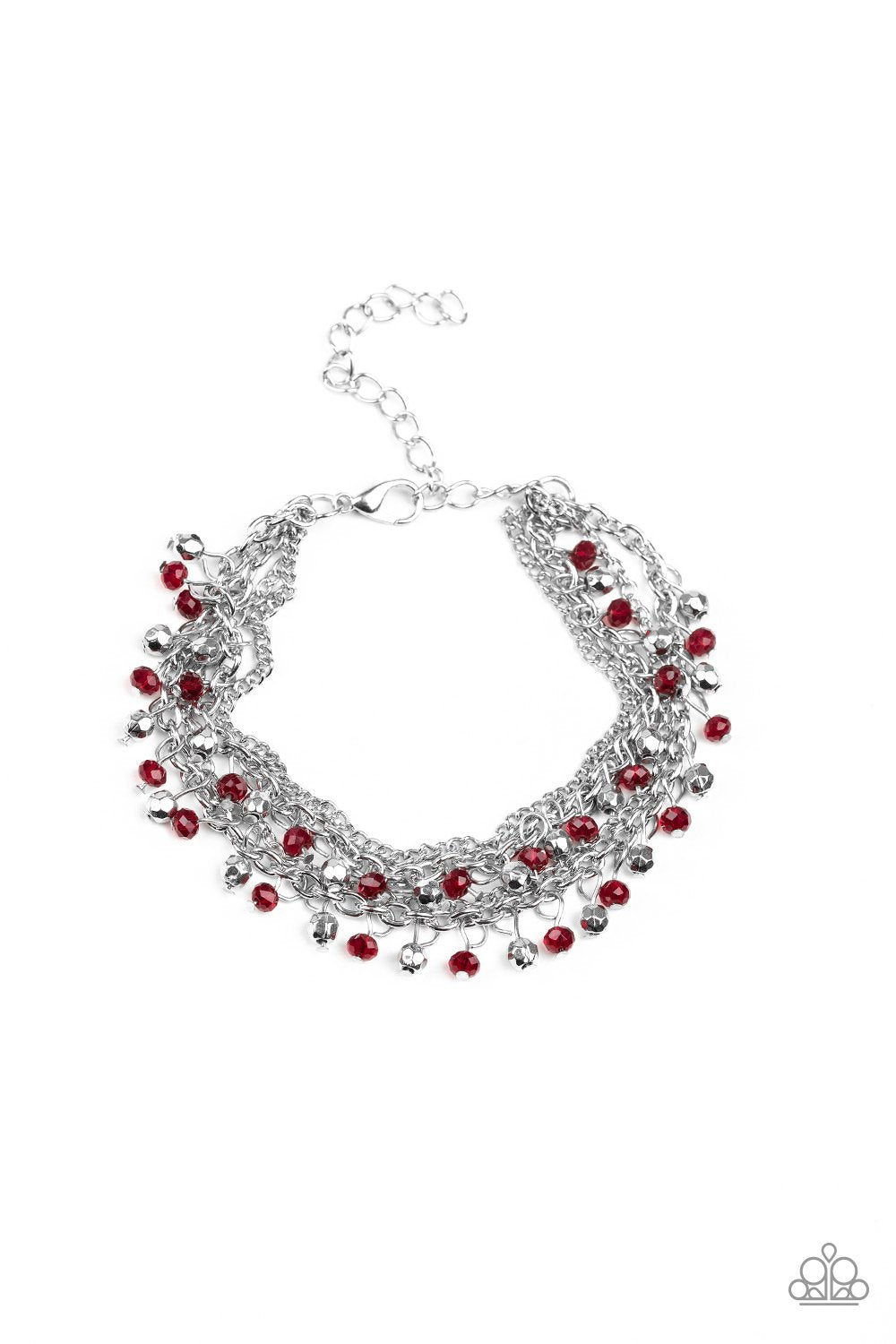 Dainty silver and red crystal-like beads cascade from two shimmery silver chains. Infused with plain silver chains, the colorful strands layer around the wrist for a flirtatious look. Features an adjustable clasp closure.

Sold as one individual bracelet.