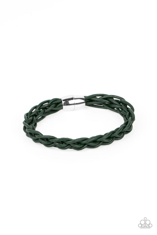 Leathery green cords intricately weave around the wrist, creating a rustic braid. Features a magnetic closure.  Sold as one individual bracelet.