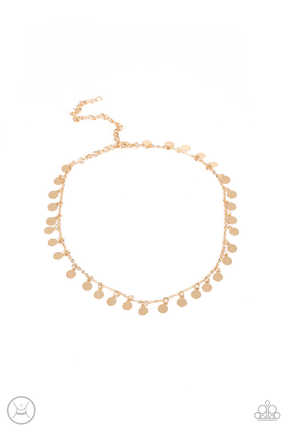 Tiny gold discs dance along a classic gold chain, creating an understated choker necklace. The reflective surfaces of the discs shimmer brightly, as the light catches their high sheen finish to exaggerate their intensity. Features an adjustable clasp closure.  Sold as one individual choker necklace. Includes one pair of matching earrings.