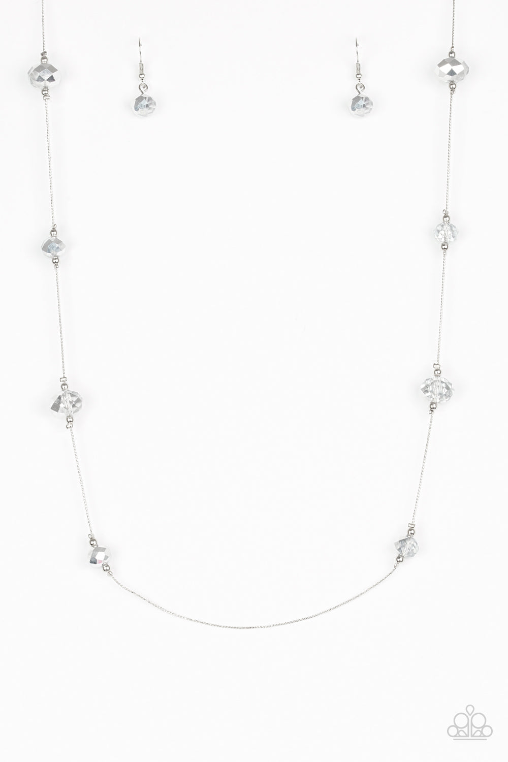 Infused with dainty silver accents, metallic and smoky crystal-like beads trickle along a dainty silver chain across the chest for a refined look. Features an adjustable clasp closure.  Sold as one individual necklace. Includes one pair of matching earrings.
