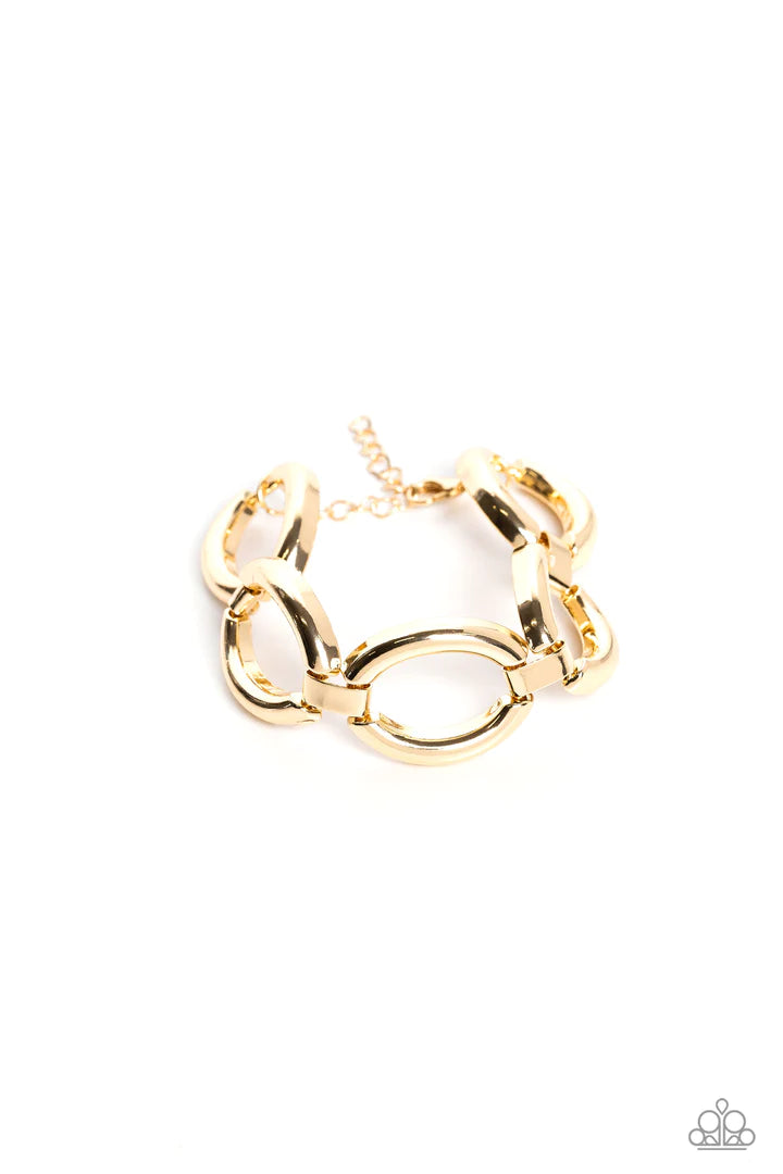 Bold gold hoops, connected by rows of white rhinestone-encrusted frames, link around the wrist for a fierce look. Features a hinged closure.  Sold as one individual bracelet.