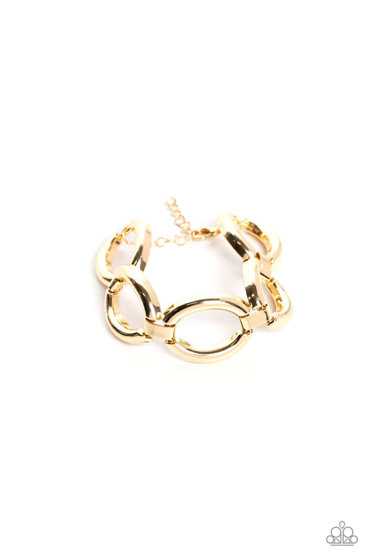 Bold gold hoops, connected by rows of white rhinestone-encrusted frames, link around the wrist for a fierce look. Features a hinged closure.  Sold as one individual bracelet.