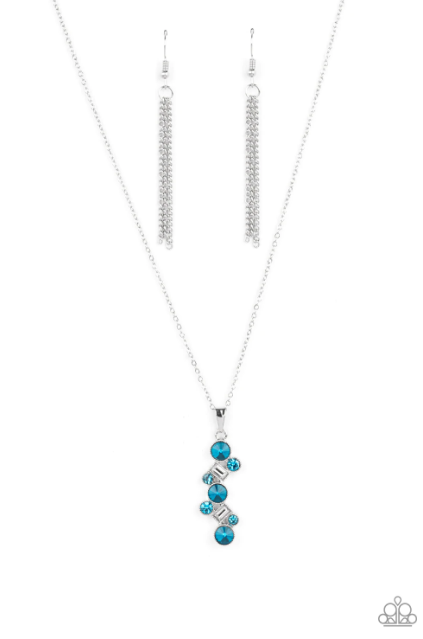 Featuring classic round and regal emerald style cuts, a glittery collection of Blue Tint and white rhinestones delicately coalesce into a glamorous pendant below the collar. Features an adjustable clasp closure.  Sold as one individual necklace. Includes one pair of matching earrings.