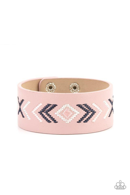 Women's pink leather wrap bracelet with Aztec embroidery design