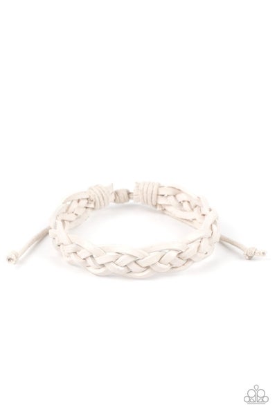 Strands of white twine-like cords ornately knot and braid around the wrist for a seasonal look. Features an adjustable sliding knot closure.  Sold as one individual bracelet.