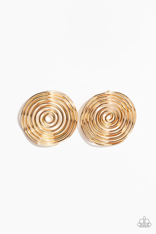 Glistening gold bars delicately bend and coil into a springy spiral, creating a dizzying frame. Earring attaches to a standard post fitting.  Sold as one pair of post earrings.