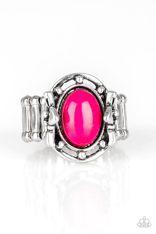A polished pink bead is pressed into the center of a silver frame blooming with floral details for a whimsical finish. Features a stretchy band for a flexible fit.  Sold as one individual ring.
