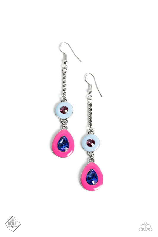 Women's silver earrings teardrop and round pendants with multiple color rhinestones 