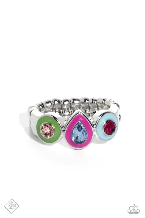 A row of various multicolored rhinestones encased in dainty frames of Classic Green, Fuchsia Fedora, and Summer Song connect across the finger creating a standout impression of color. Each painted frame is encased in a high-sheen silver frame, further emphasizing the collision color and geometric shapes. Features a dainty stretchy band for a flexible fit.  Sold as one individual ring. 