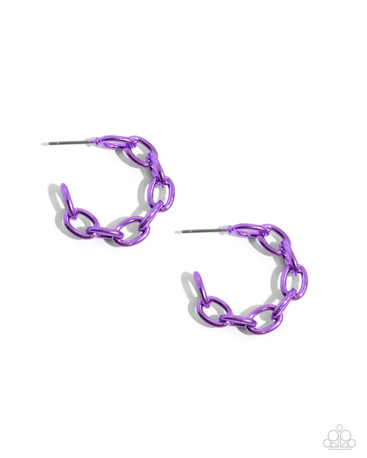 Dipped in an electric purple hue, a dainty cable chain curls around the ear for a rocking, radiant design. Earring attaches to a standard post fitting. Hoop measures approximately 1" in diameter.

Sold as one pair of hoop earrings.