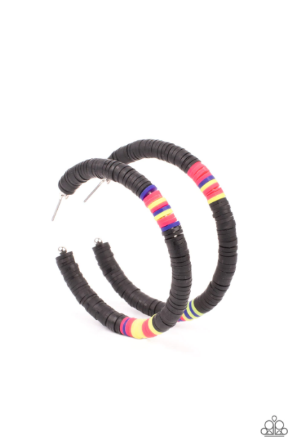 Rubbery black, pink, blue, and yellow bands are threaded along an oversized silver hoop, creating a courageous pop of color. Earring attaches to a standard post fitting. Hoop measures approximately 2 1/4" in diameter.  Sold as one pair of hoop earrings.