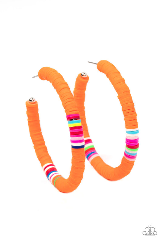 Rubbery orange, white, pink, blue, green, and red bands are threaded along an oversized silver hoop, creating a courageous pop of color. Earring attaches to a standard post fitting. Hoop measures approximately 2 1/4" in diameter.  Sold as one pair of hoop earrings.