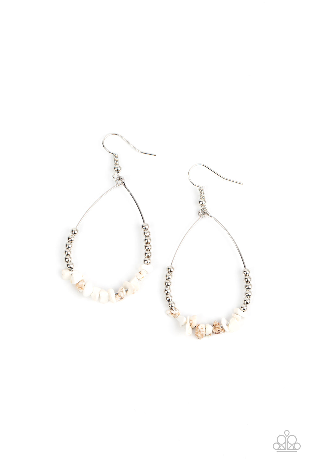 Dainty silver beads flank a row of refreshing white rock beads along a dainty silver wire, creating an earthy teardrop frame. Earring attaches to a standard fishhook fitting.  Sold as one pair of earrings.