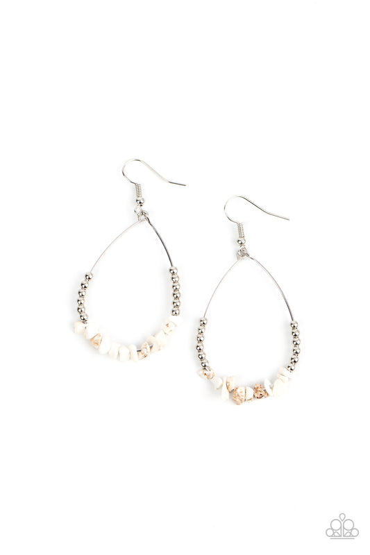 Dainty silver beads flank a row of refreshing white rock beads along a dainty silver wire, creating an earthy teardrop frame. Earring attaches to a standard fishhook fitting.  Sold as one pair of earrings.