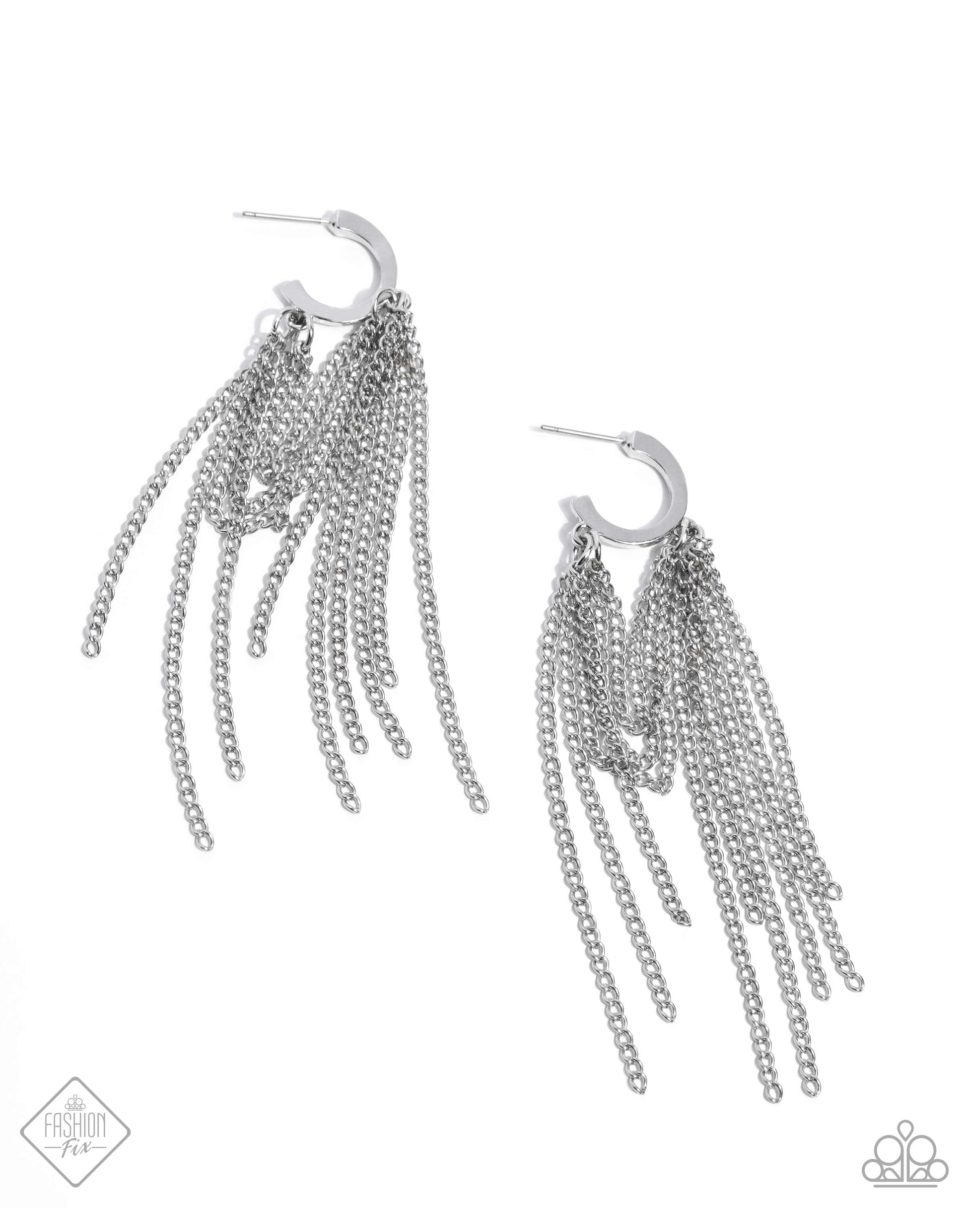 Attached in two places along a sleek dainty silver hoop, copious amounts of classic silver chains loop and taper below the ear for an endlessly edgy display. Earring attaches to a standard post fitting. Hoop measures approximately 1/2" in diameter.  Sold as one pair of hoop earrings.