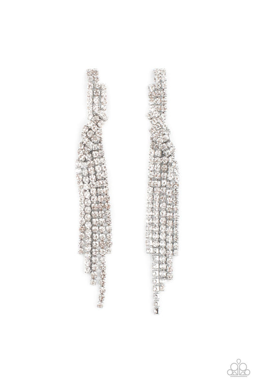 Encased in sleek silver fittings, dainty strands of glittery white rhinestones delicately overlap into a tapered tassel for a twinkly look. Earring attaches to a standard post fitting.  Sold as one pair of post earrings.