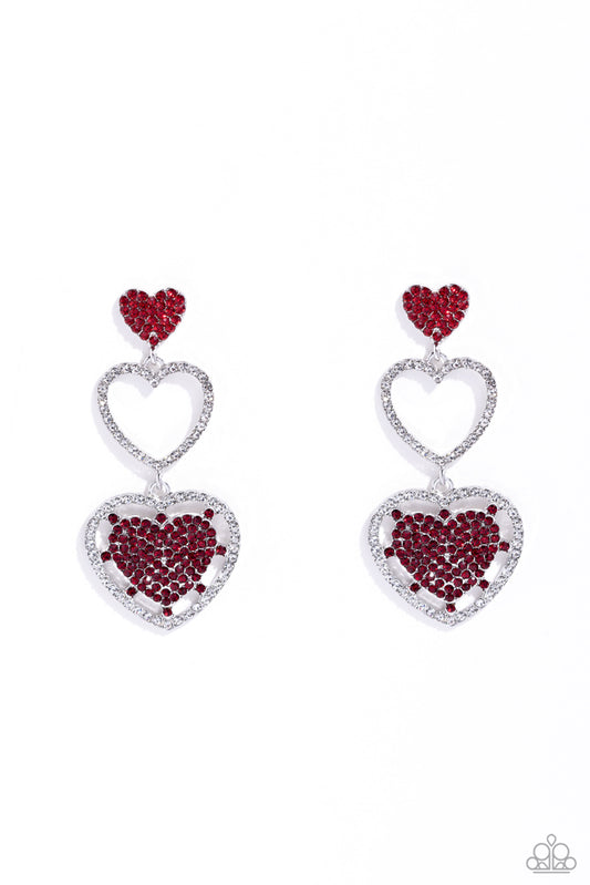 A red rhinestone-encrusted silver heart, white rhinestone-encrusted silver heart frame, and white and red rhinestone-encrusted layered heart frame gradually increase in size as they delicately interconnect and stack into a dazzling lure for an elegant effervescence. Earring attaches to a standard post fitting.  Sold as one pair of post earrings.