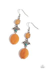 Featuring an earthy sheen, two natural orange stones, and a fan of silver with a turquoise center delicately link into a free-spirited stacked lure. Earring attaches to a standard fishhook fitting. As the stone elements in this piece are natural, some color variation is normal.  Sold as one pair of earrings.