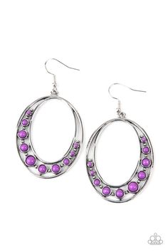 Women's silver oval hoops with purple beadsGradually increasing in size, a bubbly array of purple beads are encrusted along the bottom of a double stacked oval hoop, creating a colorful lure. Earring attaches to a standard fishhook fitting.  Sold as one pair of earrings