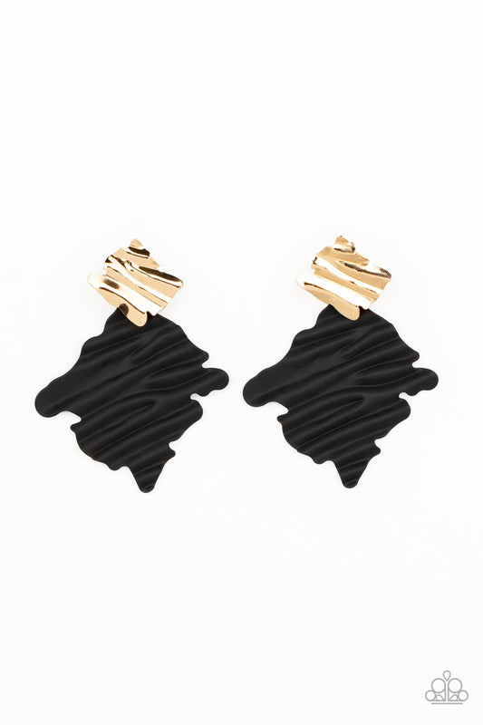 Painted in a matte finish, a rippling black frame links to a dainty gold frame featuring crimped texture, resulting in a modern lure. Earring attaches to a standard post fitting.  Sold as one pair of post earrings.