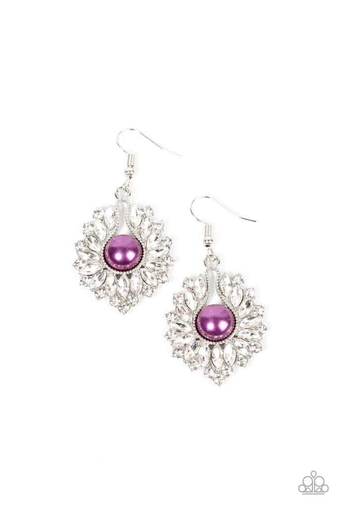 An icy collection of round and marquise cut white rhinestones fan out from an oversized plum pearl center, coalescing into an effervescent elegance. Earring attaches to a standard fishhook fitting.  Sold as one pair of earrings.