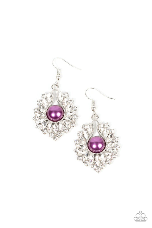An icy collection of round and marquise cut white rhinestones fan out from an oversized plum pearl center, coalescing into an effervescent elegance. Earring attaches to a standard fishhook fitting.  Sold as one pair of earrings.