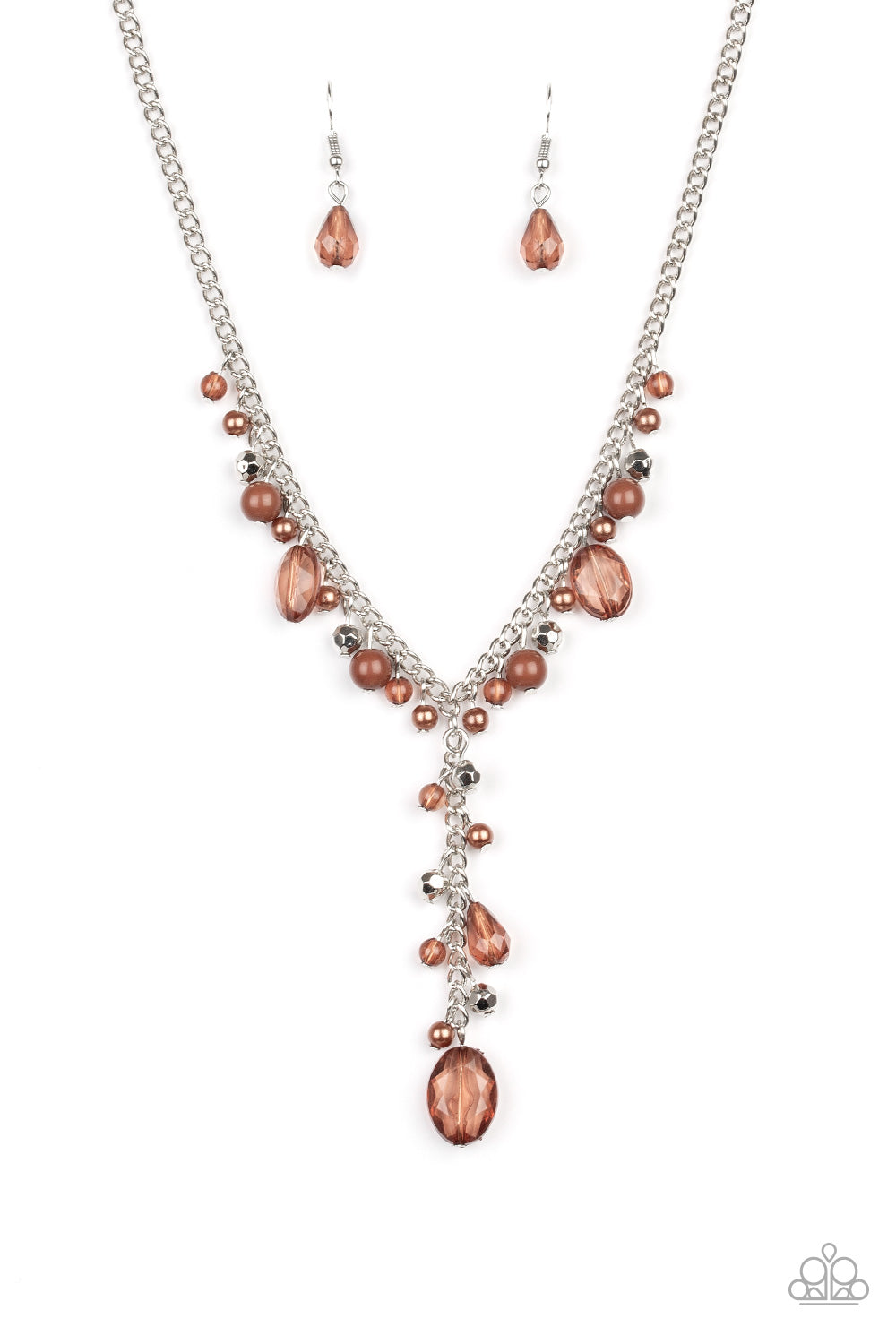 Mismatched polished brown beads, crystal-like beads, and faceted silver beads dance along a shimmery silver chain. Matching beading trickles along a single silver chain, creating a romantic extended pendant below the collar. Features an adjustable clasp closure.  Sold as one individual necklace. Includes one pair of matching earrings.